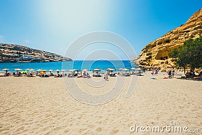 Panorama of Matala beach. Caves on the rocks Editorial Stock Photo