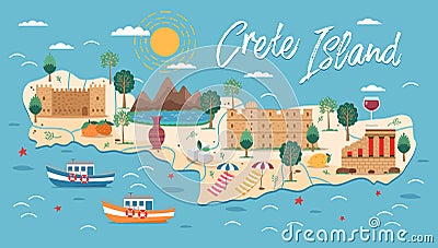 Crete island map with architecture illustration. Bay of Chania, Heraklion. Greece beach landscape Vector Illustration