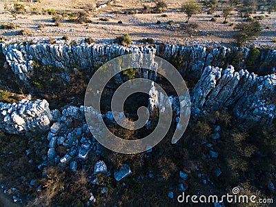 Ariel view of Crevasses and rocks Stock Photo