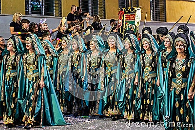 Crevillent Alicante Spain 7 10 2023:Moors and Christians festivals in Crevillente.Moorish troupe of women. Popular festival in the Editorial Stock Photo