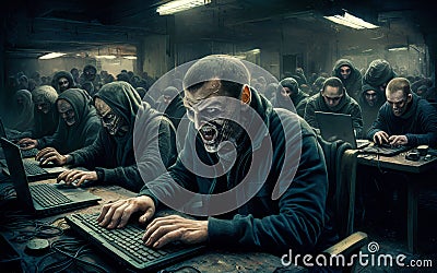 Crew of grotesque computer hackers sitting at keyboards with cloaking hoodies Stock Photo