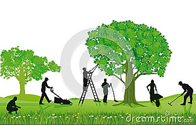 Crew of Landscapers Working Outdoors Vector Illustration