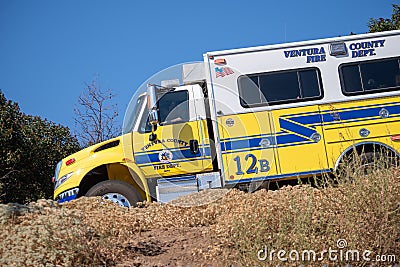 A crew transport truck from Ventura County Fire Department arrives at the scene of a brush fire Editorial Stock Photo