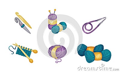 Crewel or Wool Balls and Knitting Needle or Knitting Pin as Needlework Vector Set Vector Illustration