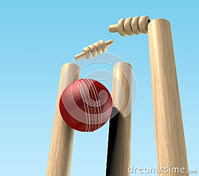 Cricket Ball Hitting Wickets Stock Photo