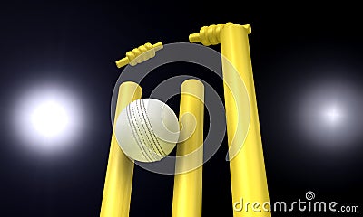 Cricket Ball Hitting Wickets At Night Stock Photo