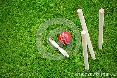 Cricket ball on pitch after hitting stumps Stock Photo