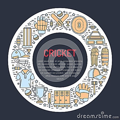 Cricket banner with line icons of ball, bat, field, wicket, helmet, apparel and other equipment. Vector circle Vector Illustration