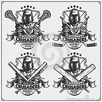 Cricket, baseball, lacrosse and hockey logos and labels. Sport club emblems with crusader. Vector Illustration