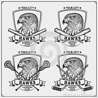Cricket, baseball, lacrosse and hockey logos and labels. Sport club emblems with hawk. Vector Illustration