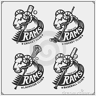 Cricket, baseball, lacrosse and hockey logos and labels. Sport club emblems with rams. Vector Illustration