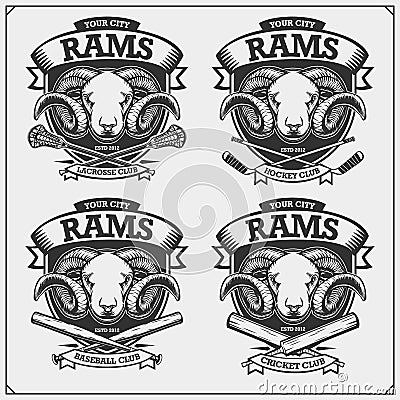 Cricket, baseball, lacrosse and hockey logos and labels. Sport club emblems with rams. Print design for t-shirt. Vector Illustration