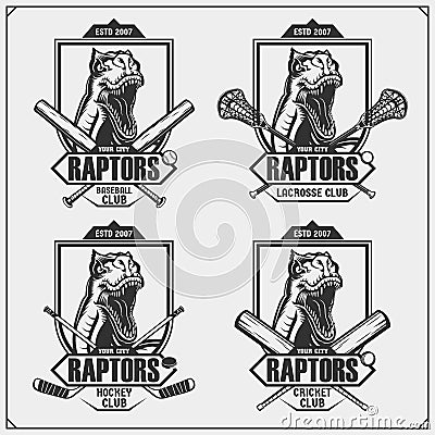 Cricket, baseball, lacrosse and hockey logos and labels. Sport club emblems with raptor dinosaur. Print design for t-shirt. Vector Illustration