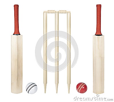 Cricket bat, stumps, bails, red ball and white ball isolated on white background, wooden cricket bat all angles studio shot cutout Stock Photo