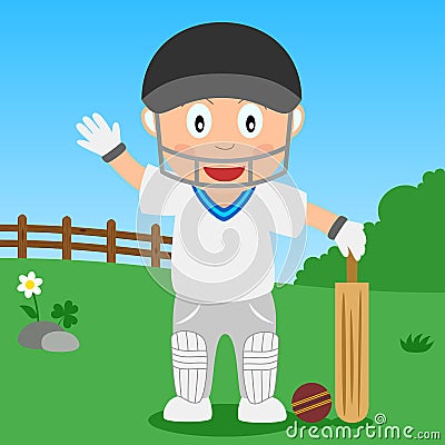 Cricket Boy in the Park Vector Illustration