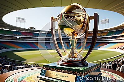 Cricket Championship Trophy Gleaming in the Foreground: Intricate Engravings Detailing its Illustrious History Stock Photo