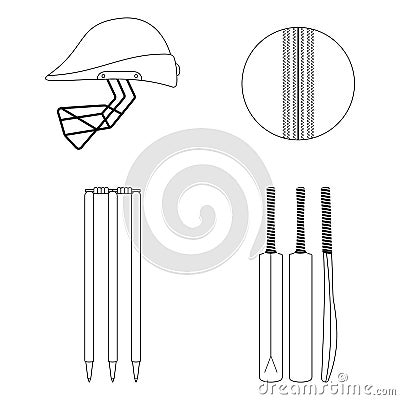 Cricket equipment icons set. Sketch black outlined illustration isolated on white Cartoon Illustration