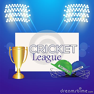 Cricket league championship match on stadium background with gold trophy and cricketer halmet Stock Photo
