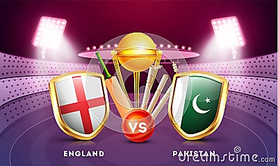 Cricket match between England vs Pakistan with country flag shields and cricket equipments. Stock Photo