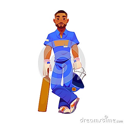 Cricket player in blue sport uniform with bat Vector Illustration