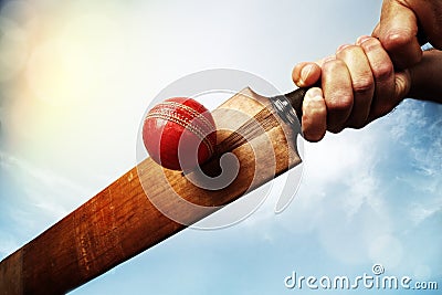 Cricket player hitting ball Stock Photo