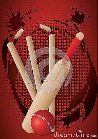 Cricket set of bat and red ball and wickets Vector Illustration