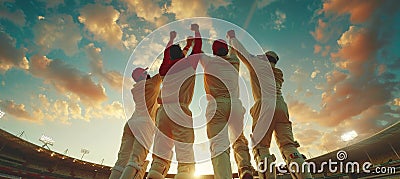 Cricket team spirit players huddling, high fiving, celebrating victory, showing synergy and unity. Stock Photo
