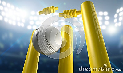 Cricket Wickets And Ball In A Stadium Stock Photo