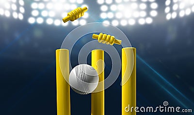 Cricket Wickets And Ball In A Stadium Stock Photo