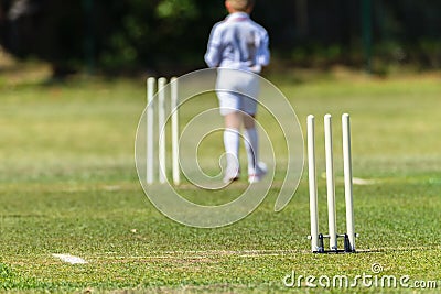 Cricket Wickets Pitch Junior Bowler Stock Photo