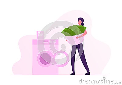 Crime, Fraudulent Scheme Concept. Financial Fraud Woman Carry Currency Banknotes in Basin to Washing Machine Vector Illustration