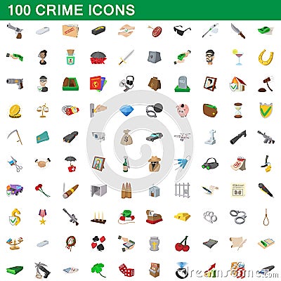 100 crime icons set, cartoon style Vector Illustration