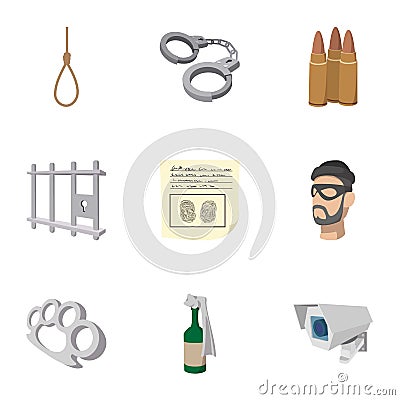 Crime icons set, cartoon style Vector Illustration