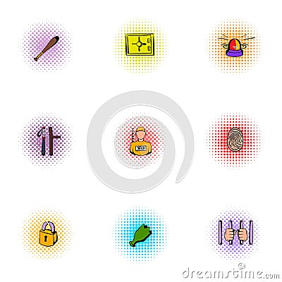 Crime icons set, pop-art style Vector Illustration