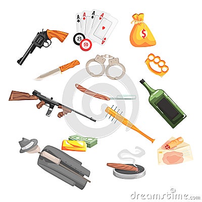 Crime And Money Related Set Of Objects Vector Illustration
