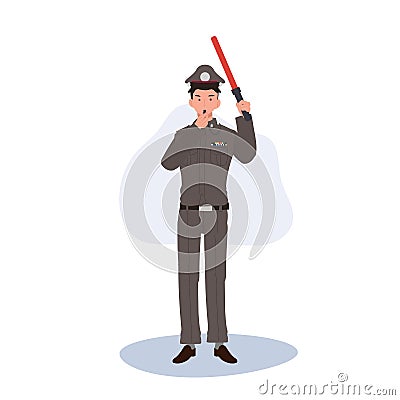 Crime Prevention and Safety Concept. Thai Police Officer in Uniform is Bowling Whistle and Holding Light Baton Vector Illustration