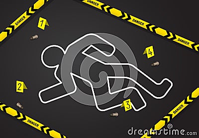 Crime scene, do not cross police tape. Chalk outline from the murder Vector Illustration