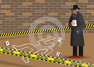 Crime scene. Police detective investigate. Research and explorer of evidence. Dead proof. Young inspection officer Vector Illustration