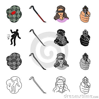 Crime scene, scrap, picklock, girl hostage, directed gun in hand. Crime set collection icons in cartoon black monochrome Vector Illustration