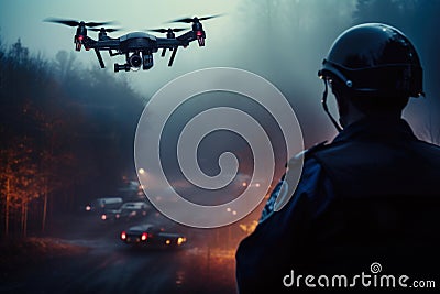 Crime Scene Surveillance by Police Drone. Stock Photo