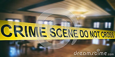 Crime scene. Warning yellow tape, text do not cross, dark blur room background. 3d illustration Cartoon Illustration