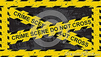 Crime scene yellow tape. Crossed lines with sign `do not cross` on grunge dark background. Restricted area symbol. Criminal Vector Illustration