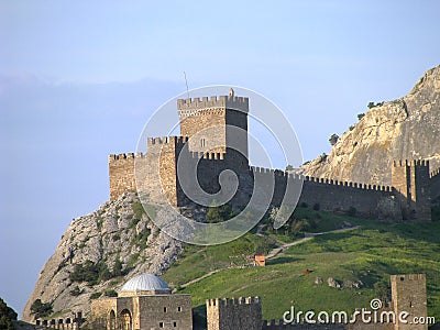 Crimea, ancient fortress wall, towers and loopholes Stock Photo
