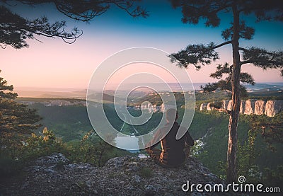 Crimea mountain valley in a light of sunrise. Instagram stylization Stock Photo