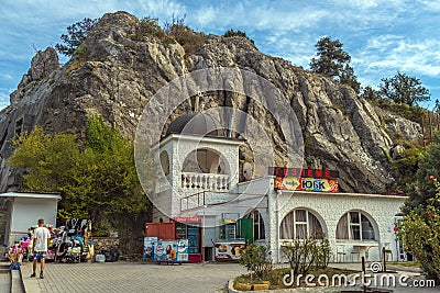 Church-chapel of Nativity of Christ on rock in mountains on Laspinsky pass in Crimea Editorial Stock Photo
