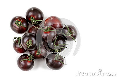 Crimea or Tondo Nero tomatoes Italian Black Cherry. Top view, clipping paths -black cherry tomatoes isolated on white Stock Photo