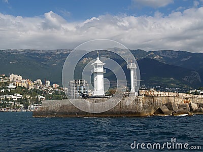 Crimea, Yalta. View of a beacon and Black Sea coast Stock Photo