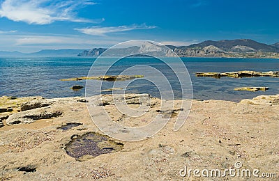 Crimean landscape with Black Sea shore on Meganom cape Stock Photo