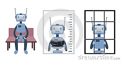 The crimes committed by the robot and artificial intelligence. Robot on trial and behind bars. Concept, vector Vector Illustration