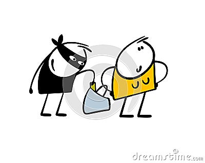 Criminal in the black mask reached into his bag and took out someone else wallet. Vector illustration of thief stealing Vector Illustration